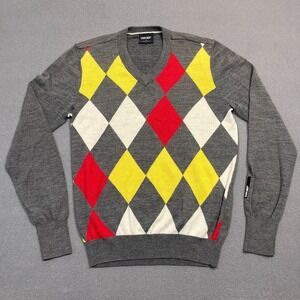 Galvin Green V Neck Sweater Men's Medium Grey Golf Argyle Wool Blend Jumper‎